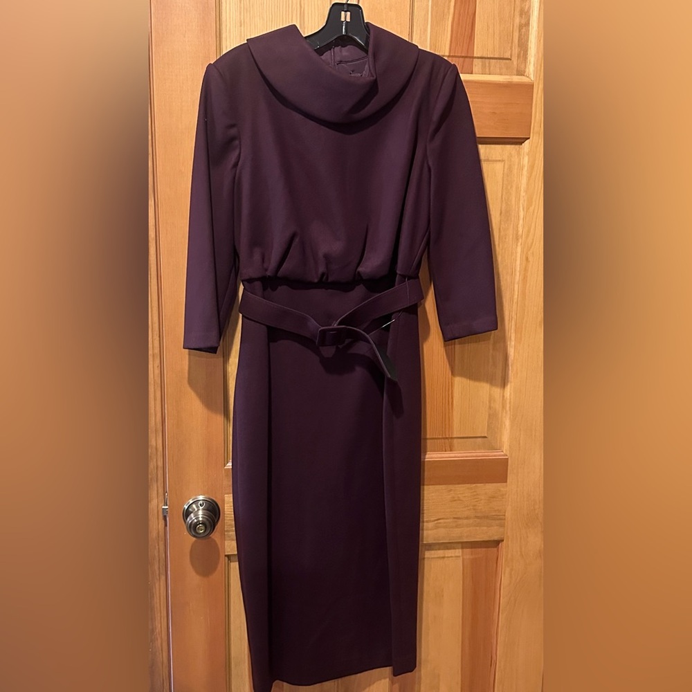 Badgley Mischka Wine Midi Dress Belted High Neck Elegant Cocktail size 10 NWT - Picture 3 of 11